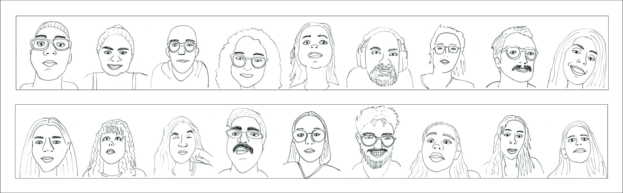 Desenho de 18 rostos de pessoas, arrumados em duas linhas diferentes, com traço na cor laranja e fundo em um tom mais claro de laranja.