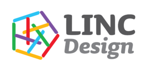 Logomarca do LINC Design - Laboratório  Linguagem, Interação e Construção de Sentidos no Design. Desenho de um pentágono com linhas coloridas no entorno e dentro da forma outras linhas, nas cores verde, azul, vermelho, roxo e amarelo.